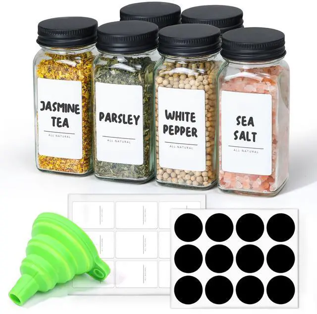 Main image of 6Pcs 4oz Glass Spice Jars with Shaker Lids, 21 Labels, Spice Jars Trial Set & Supplement Set, Empty Spice Containers and Square Spice Bottles for Kitchen and Seasoning