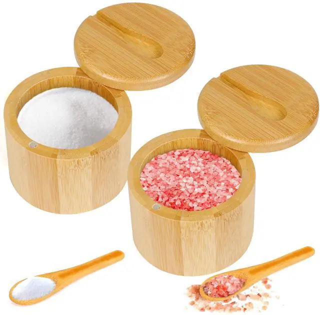 Main image of 2Pcs Bamboo Salt Cellar Spice Box with Magnetic Swivel Lid & Spoon, Bamboo Storage Box Salt Container to Storage Pepper, Table Salt, Gourmet Salts, Spice, Sugar, 6 oz
