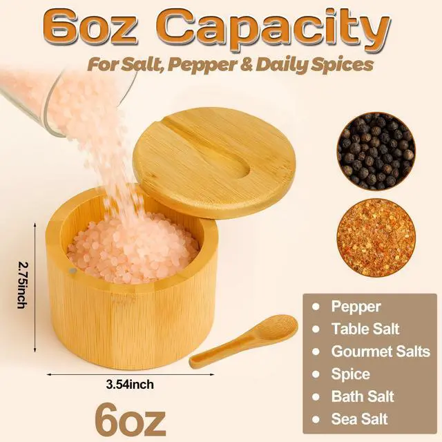 Alt view image 3 of 7 - 2Pcs Bamboo Salt Cellar Spice Box with Magnetic Swivel Lid & Spoon, Bamboo Storage Box Salt Container to Storage Pepper, Table Salt, Gourmet Salts, Spice, Sugar, 6 oz