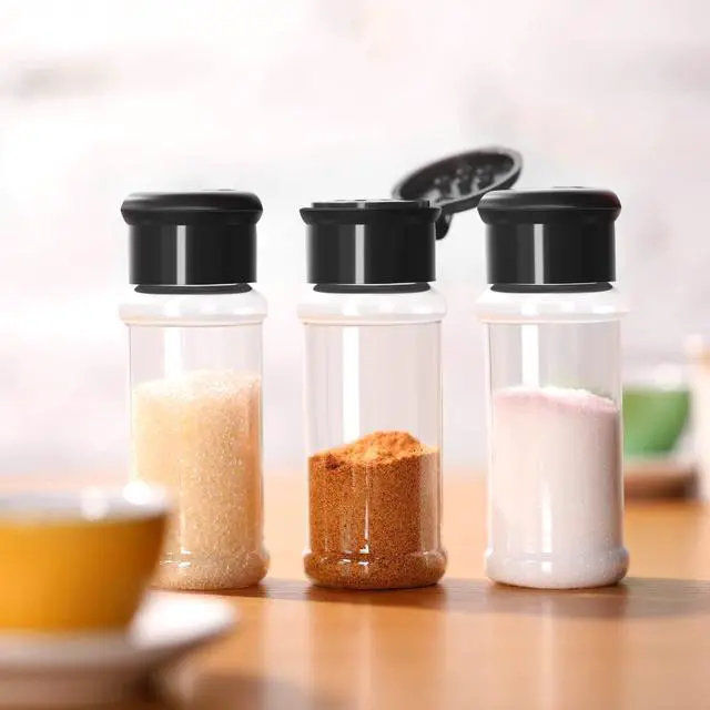 Alt view image 4 of 7 - 6 Pieces Plastic Salt and Pepper Shakers with Lid 3.5 oz Clear Spice Seasoning Bottle Containers Moisture Proof Dispenser for Storage Salt Sugar Spice Herbs and Powders(Black)