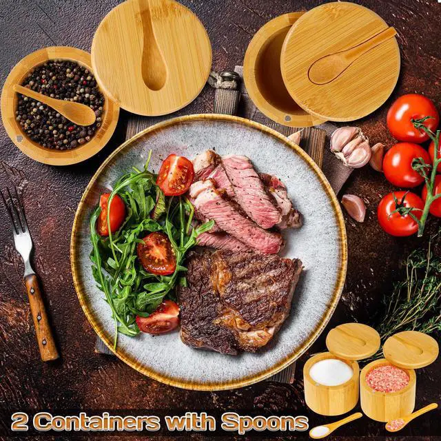 Alt view image 4 of 7 - 2Pcs Bamboo Salt Cellar Spice Box with Magnetic Swivel Lid & Spoon, Bamboo Storage Box Salt Container to Storage Pepper, Table Salt, Gourmet Salts, Spice, Sugar, 6 oz