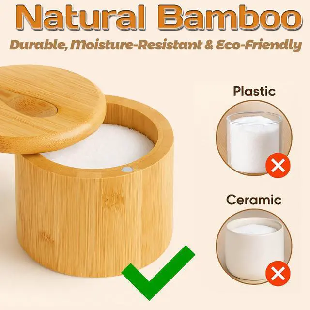 Alt view image 6 of 7 - 2Pcs Bamboo Salt Cellar Spice Box with Magnetic Swivel Lid & Spoon, Bamboo Storage Box Salt Container to Storage Pepper, Table Salt, Gourmet Salts, Spice, Sugar, 6 oz