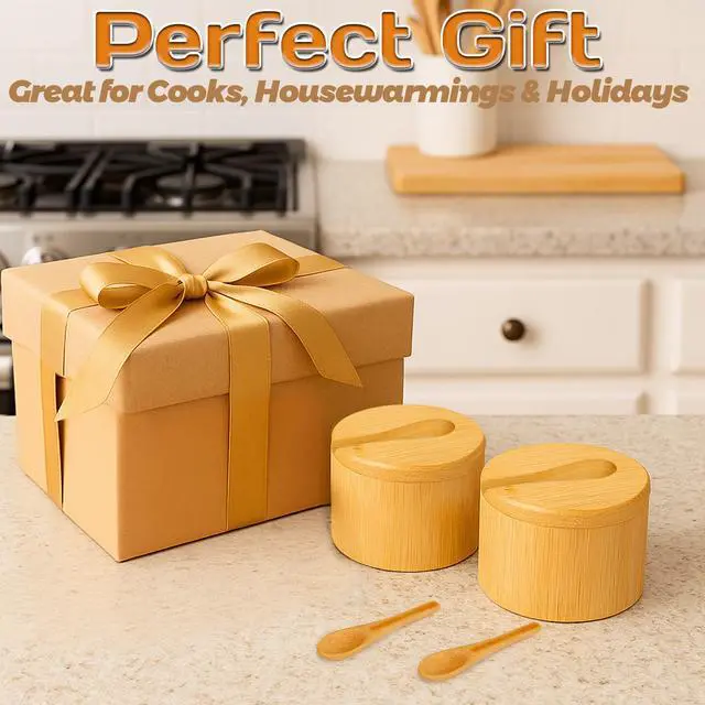 Alt view image 7 of 7 - 2Pcs Bamboo Salt Cellar Spice Box with Magnetic Swivel Lid & Spoon, Bamboo Storage Box Salt Container to Storage Pepper, Table Salt, Gourmet Salts, Spice, Sugar, 6 oz