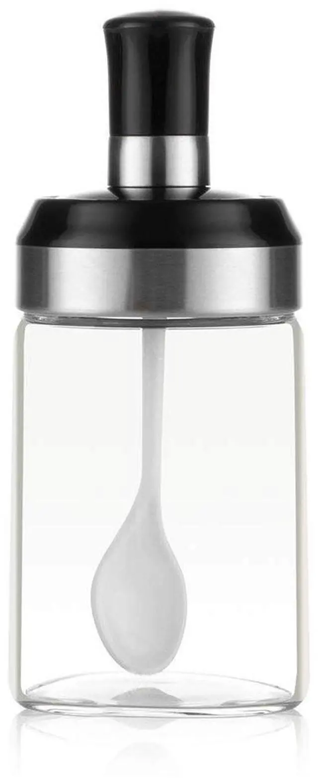 Main image of Sauce Jar Sugar Container Glass Jar Combination Spoon with Lid Canisters Storing Seasoning Spices Salt Sugar for Kitchen Counter Food Storage with Decorative Sticker 9.7oz / 280ml