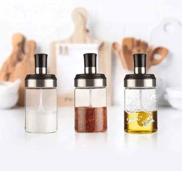 Alt view image 6 of 6 - Sauce Jar Sugar Container Glass Jar Combination Spoon with Lid Canisters Storing Seasoning Spices Salt Sugar for Kitchen Counter Food Storage with Decorative Sticker 9.7oz / 280ml