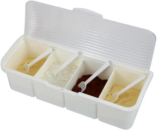 Main image of Seasoning Box Condiment Canisters with Lid & Spoons for Storing and Serving Salt Sugar Spice Pepper Chili (4-grids)
