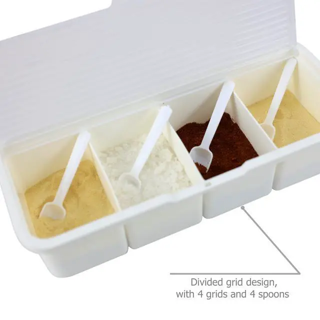 Alt view image 4 of 7 - Seasoning Box Condiment Canisters with Lid & Spoons for Storing and Serving Salt Sugar Spice Pepper Chili (4-grids)