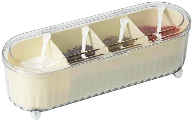 Main image of Clear Seasoning Box with 4 Compartments - Spice Organizer with Lids and Spoons - Condiment Container Set for Salt, Sugar, Pepper, and More - Countertop Spice Storage