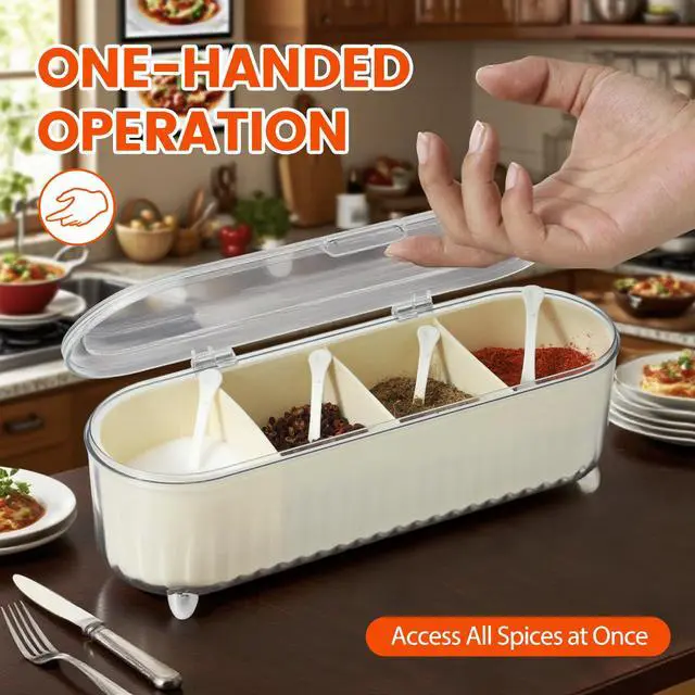 Alt view image 3 of 7 - Clear Seasoning Box with 4 Compartments - Spice Organizer with Lids and Spoons - Condiment Container Set for Salt, Sugar, Pepper, and More - Countertop Spice Storage