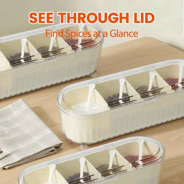 Alt view image 5 of 7 - Clear Seasoning Box with 4 Compartments - Spice Organizer with Lids and Spoons - Condiment Container Set for Salt, Sugar, Pepper, and More - Countertop Spice Storage