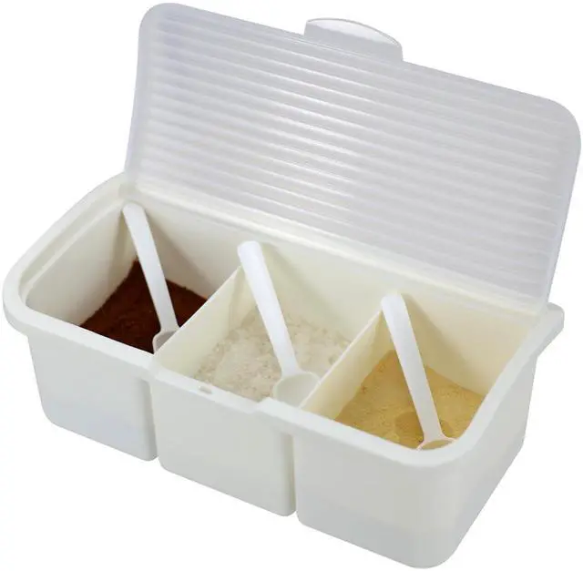 Main image of Seasoning Box Condiment Canisters with Lid & Spoons for Storing and Serving Salt Sugar Spice Pepper Chili (3-grids)