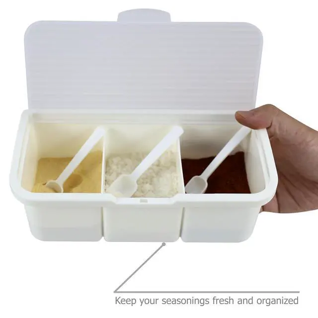 Alt view image 3 of 7 - Seasoning Box Condiment Canisters with Lid & Spoons for Storing and Serving Salt Sugar Spice Pepper Chili (3-grids)
