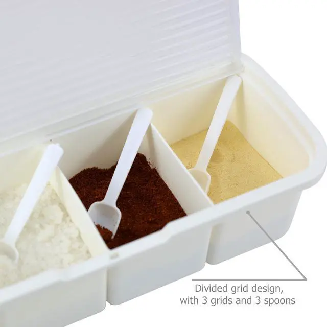 Alt view image 4 of 7 - Seasoning Box Condiment Canisters with Lid & Spoons for Storing and Serving Salt Sugar Spice Pepper Chili (3-grids)