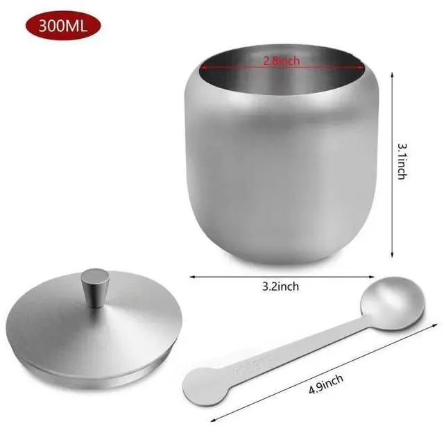 Alt view image 4 of 7 - 300ml Stainless Steel Sugar Bowl with Lid and Spoon 10 OZ Coffee Seasoning Jar Condiment Pot Spice Container Canister Cruet with Lid and Spoon