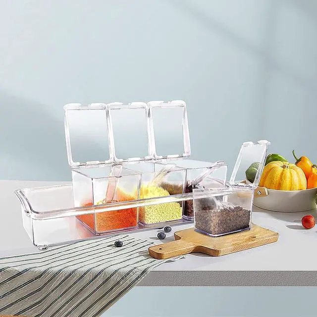 Alt view image 2 of 7 - 4 Pieces Clear Seasoning Box - Cruet with Cover and Spoon,Seasoning Rack Spice Pots for Sugar, Salt, Pepper and Other Spices