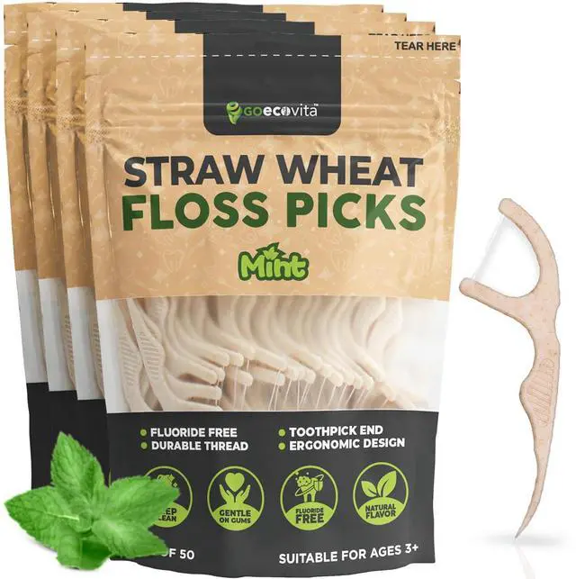 Main image of Dental Floss Picks - Straw Wheat Handle Flossers | Thin & Shred-Resistant Thread for Tight Gaps | Flossers for Adults | Gentle on Gums & Teeth | Gluten-Free & Vegan (200 Pack, Mint)
