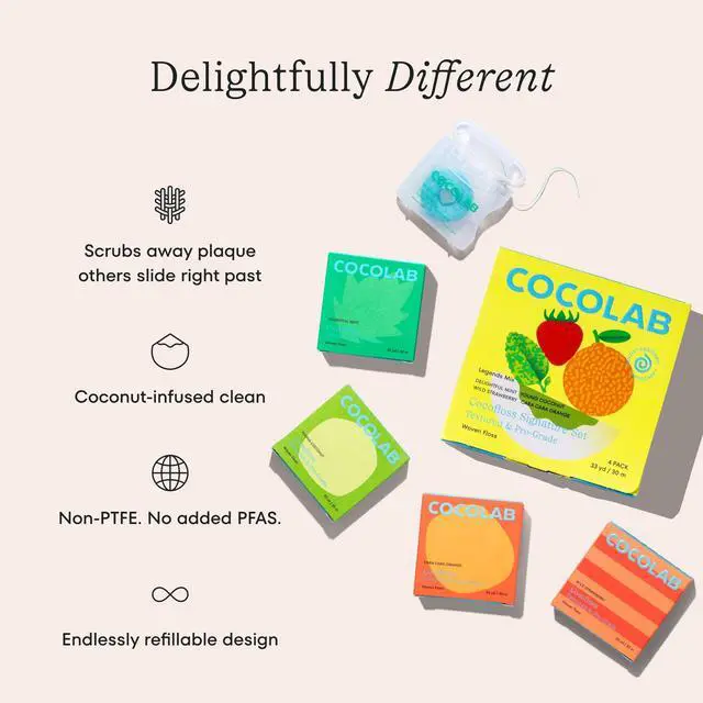 Alt view image 2 of 7 - Cocofloss Expanding Woven Dental Floss by , Waxed Tooth Floss for Daily Oral Care, Coconut Oil Infused, Vegan, for Adults and Kids, Signature Set, 4 Pack