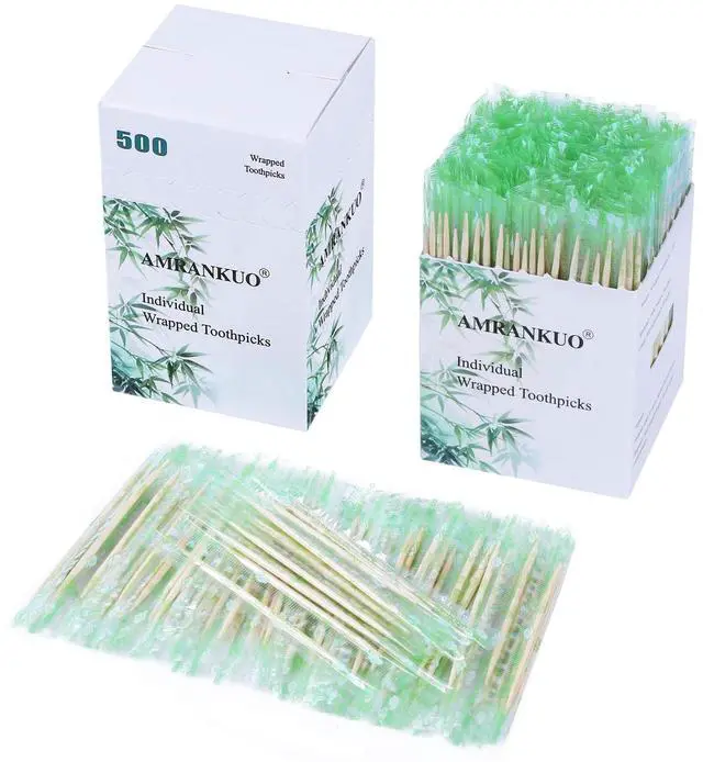 Main image of Individually Wrapped Bamboo Round Toothpicks, 2.5" Long, Double-Points, Natural & Sturdy, Perfect for Teeth Cleaning, Appetizers, Cocktails, Barbecue, Fruits & Olives,(500-Count*1)