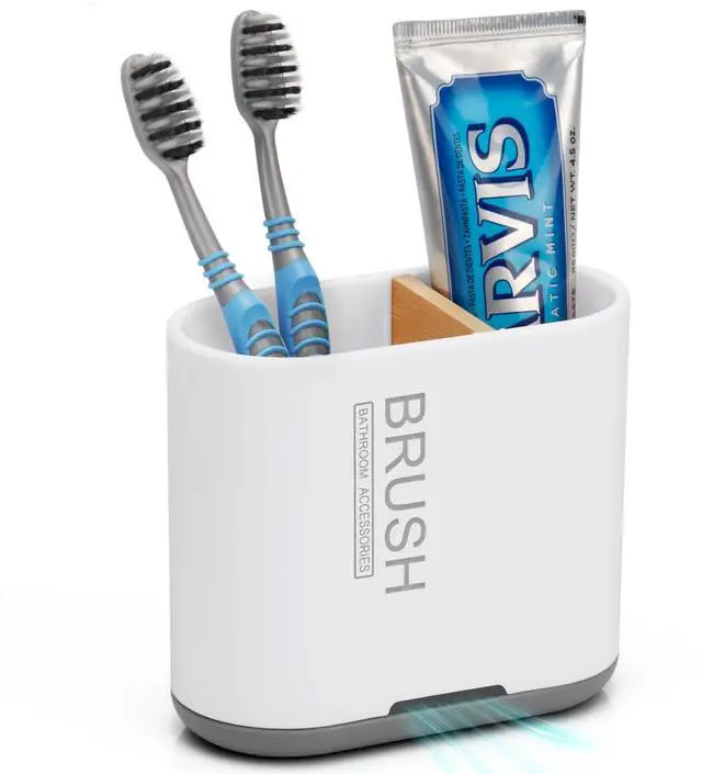 Main image of Toothbrush and Toothpaste Holder with Bamboo Divider for Bathroom Countertop Organizer, Detachable for Easy Clean, 2 Slots Electric Toothbrush Holders Storage Caddy Drainage for Family-White