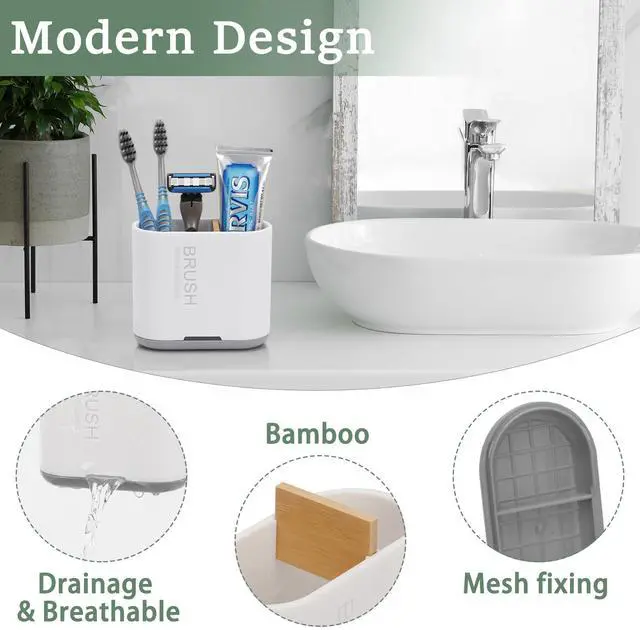 Alt view image 2 of 7 - Toothbrush and Toothpaste Holder with Bamboo Divider for Bathroom Countertop Organizer, Detachable for Easy Clean, 2 Slots Electric Toothbrush Holders Storage Caddy Drainage for Family-White