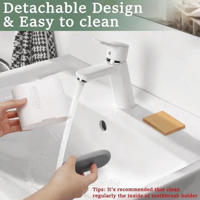 Alt view image 3 of 7 - Toothbrush and Toothpaste Holder with Bamboo Divider for Bathroom Countertop Organizer, Detachable for Easy Clean, 2 Slots Electric Toothbrush Holders Storage Caddy Drainage for Family-White