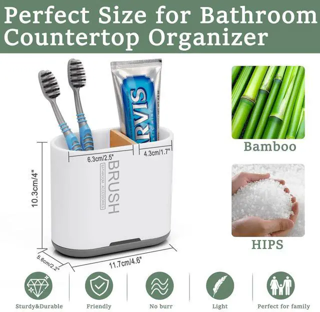 Alt view image 4 of 7 - Toothbrush and Toothpaste Holder with Bamboo Divider for Bathroom Countertop Organizer, Detachable for Easy Clean, 2 Slots Electric Toothbrush Holders Storage Caddy Drainage for Family-White