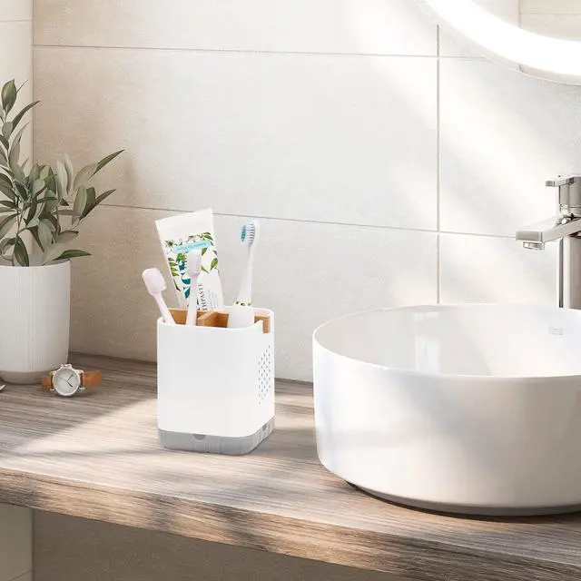 Alt view image 2 of 6 - Toothbrush and Toothpaste Holder with Bamboo Divider for Bathroom Countertop Organizer, Plastic Detachable Anti-Slip Large Electric Toothbrush Holders Storage Caddy Drainage for Family, Kids