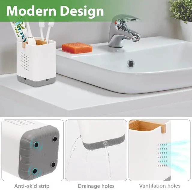 Alt view image 4 of 6 - Toothbrush and Toothpaste Holder with Bamboo Divider for Bathroom Countertop Organizer, Plastic Detachable Anti-Slip Large Electric Toothbrush Holders Storage Caddy Drainage for Family, Kids