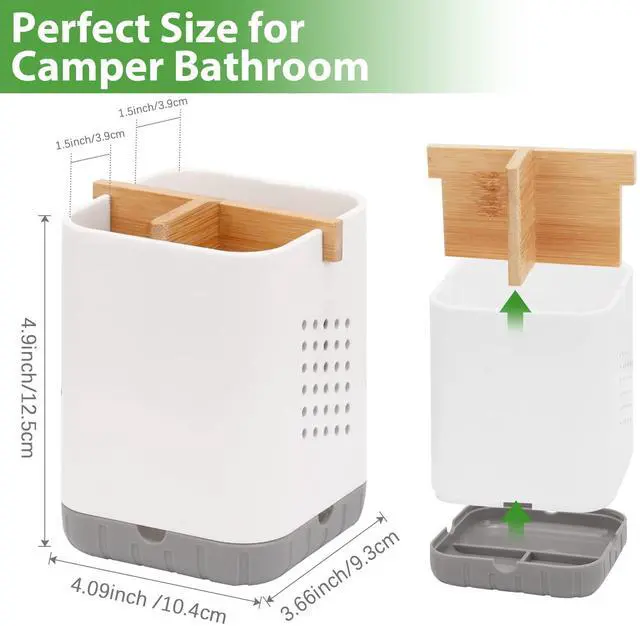 Alt view image 5 of 6 - Toothbrush and Toothpaste Holder with Bamboo Divider for Bathroom Countertop Organizer, Plastic Detachable Anti-Slip Large Electric Toothbrush Holders Storage Caddy Drainage for Family, Kids