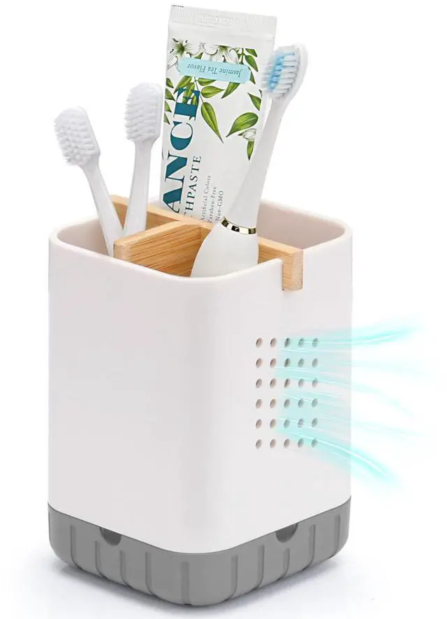 Main image of Toothbrush and Toothpaste Holder with Bamboo Divider for Bathroom Countertop Organizer, Plastic Detachable Anti-Slip Large Electric Toothbrush Holders Storage Caddy Drainage for Family, Kids