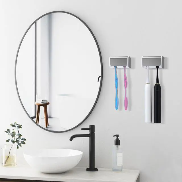 Alt view image 2 of 7 - 2 PCS Toothbrush Holders Wall Mounted with Cover, Electric Tooth Brushing Holder for Bathroom, 2 Slots Self Adhesive Toothbrush Organizer for Family, Kids (2, Brushed Silver)