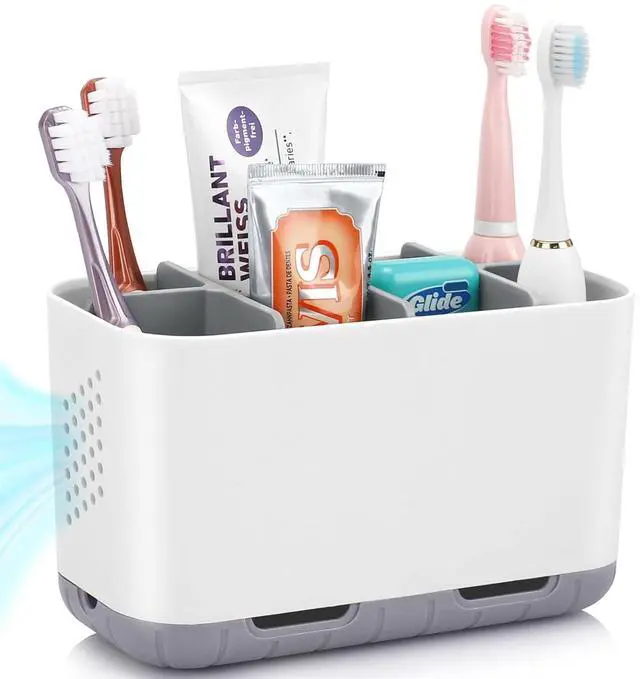 Main image of Toothbrush and Toothpaste Holder Drainage for Bathroom Countertop with Adjustable Dividers, Large Toothpaste Caddy Organizer Storage Rustic Decor Set Anti-Slip for Shower,Family,Kids Gray