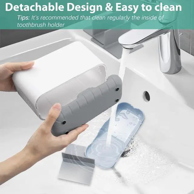 Alt view image 2 of 6 - Toothbrush and Toothpaste Holder Drainage for Bathroom Countertop with Adjustable Dividers, Large Toothpaste Caddy Organizer Storage Rustic Decor Set Anti-Slip for Shower,Family,Kids Gray