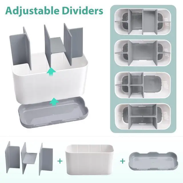 Alt view image 4 of 6 - Toothbrush and Toothpaste Holder Drainage for Bathroom Countertop with Adjustable Dividers, Large Toothpaste Caddy Organizer Storage Rustic Decor Set Anti-Slip for Shower,Family,Kids Gray