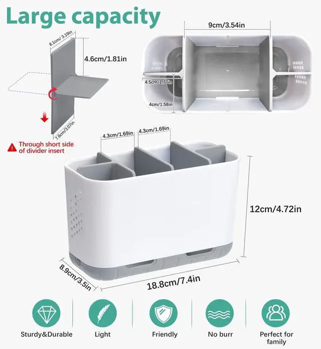 Alt view image 5 of 6 - Toothbrush and Toothpaste Holder Drainage for Bathroom Countertop with Adjustable Dividers, Large Toothpaste Caddy Organizer Storage Rustic Decor Set Anti-Slip for Shower,Family,Kids Gray