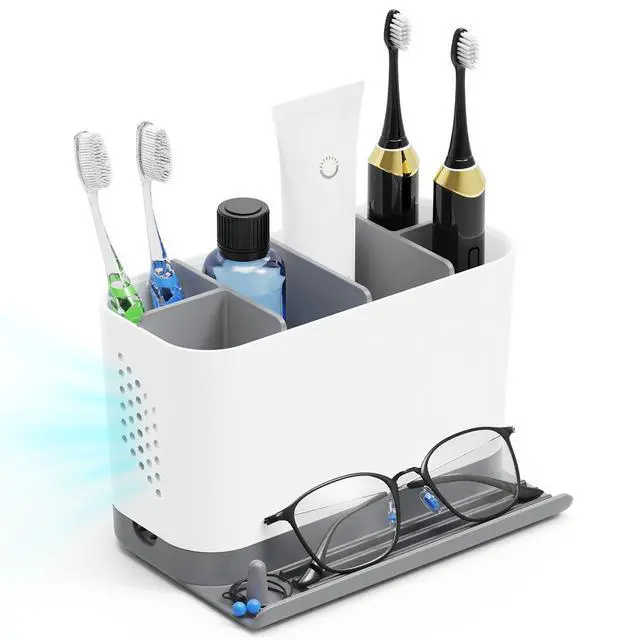 Alt view image 2 of 7 - Toothbrush Holders for Bathrooms, Adjustable 6 Slots Electric Toothbrush and Toothpaste Holder, Cord-Friendly Detachable Bathroom Countertop Organizer with Front Ledge for Phone and Ring Holder