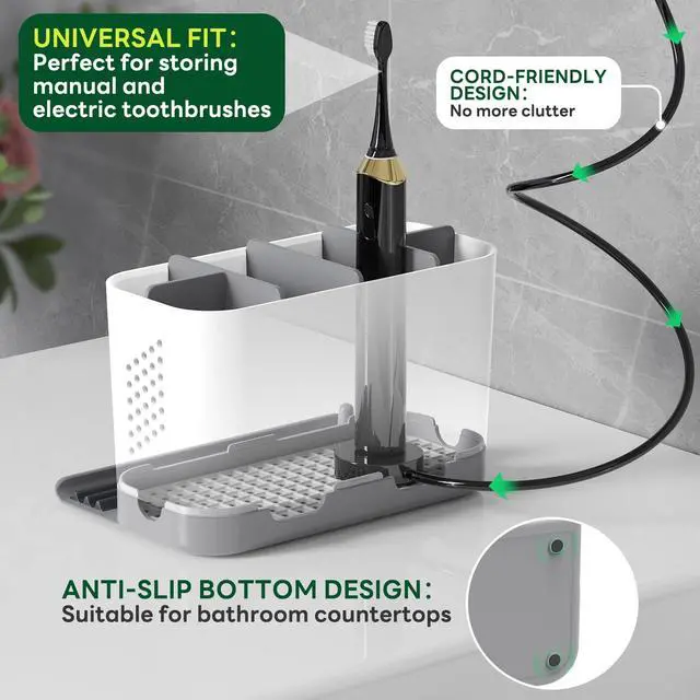 Alt view image 3 of 7 - Toothbrush Holders for Bathrooms, Adjustable 6 Slots Electric Toothbrush and Toothpaste Holder, Cord-Friendly Detachable Bathroom Countertop Organizer with Front Ledge for Phone and Ring Holder