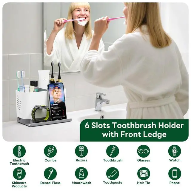 Alt view image 4 of 7 - Toothbrush Holders for Bathrooms, Adjustable 6 Slots Electric Toothbrush and Toothpaste Holder, Cord-Friendly Detachable Bathroom Countertop Organizer with Front Ledge for Phone and Ring Holder