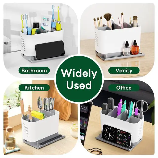 Alt view image 5 of 7 - Toothbrush Holders for Bathrooms, Adjustable 6 Slots Electric Toothbrush and Toothpaste Holder, Cord-Friendly Detachable Bathroom Countertop Organizer with Front Ledge for Phone and Ring Holder