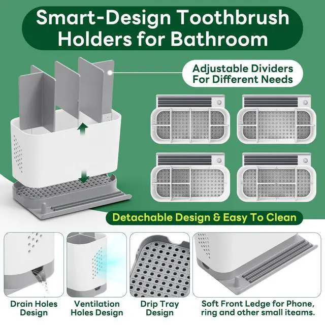 Alt view image 7 of 7 - Toothbrush Holders for Bathrooms, Adjustable 6 Slots Electric Toothbrush and Toothpaste Holder, Cord-Friendly Detachable Bathroom Countertop Organizer with Front Ledge for Phone and Ring Holder
