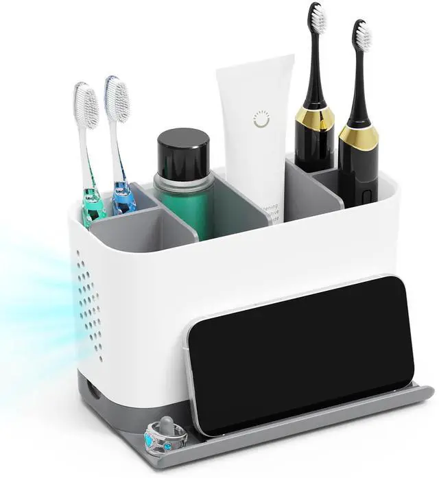 Main image of Toothbrush Holders for Bathrooms, Adjustable 6 Slots Electric Toothbrush and Toothpaste Holder, Cord-Friendly Detachable Bathroom Countertop Organizer with Front Ledge for Phone and Ring Holder