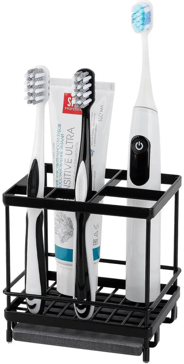 Main image of Carbon Steel Toothbrush Holders for Bathrooms, 5 Slots Kids Electric Tooth Brush and Toothpaste Organizer for Countertop, Shower, Vanity, Black