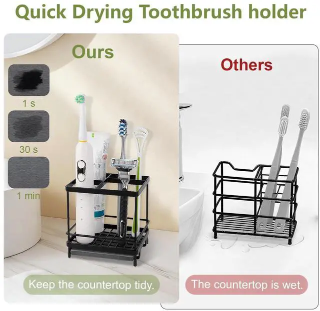 Alt view image 3 of 7 - Carbon Steel Toothbrush Holders for Bathrooms, 5 Slots Kids Electric Tooth Brush and Toothpaste Organizer for Countertop, Shower, Vanity, Black