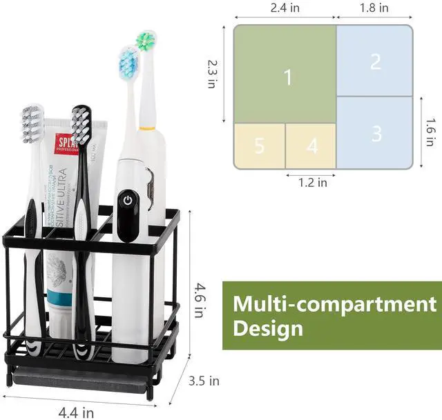 Alt view image 6 of 7 - Carbon Steel Toothbrush Holders for Bathrooms, 5 Slots Kids Electric Tooth Brush and Toothpaste Organizer for Countertop, Shower, Vanity, Black
