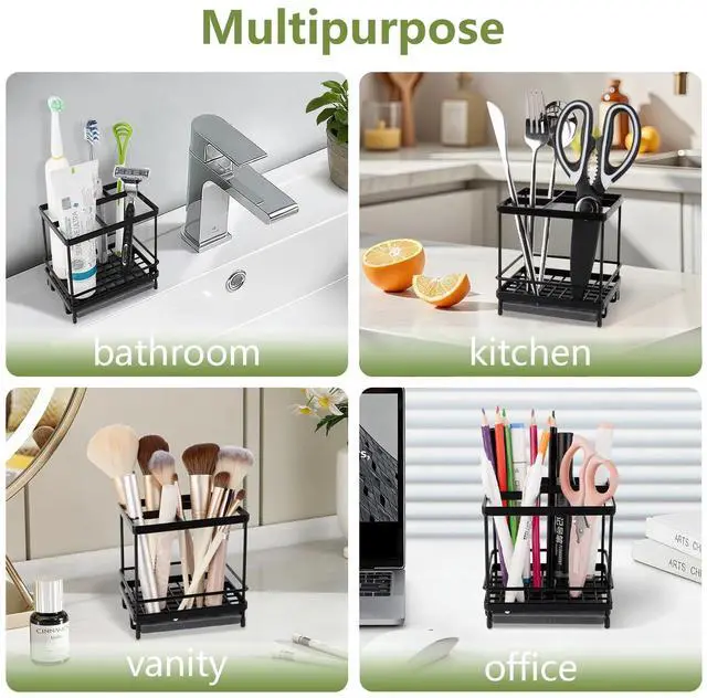 Alt view image 7 of 7 - Carbon Steel Toothbrush Holders for Bathrooms, 5 Slots Kids Electric Tooth Brush and Toothpaste Organizer for Countertop, Shower, Vanity, Black