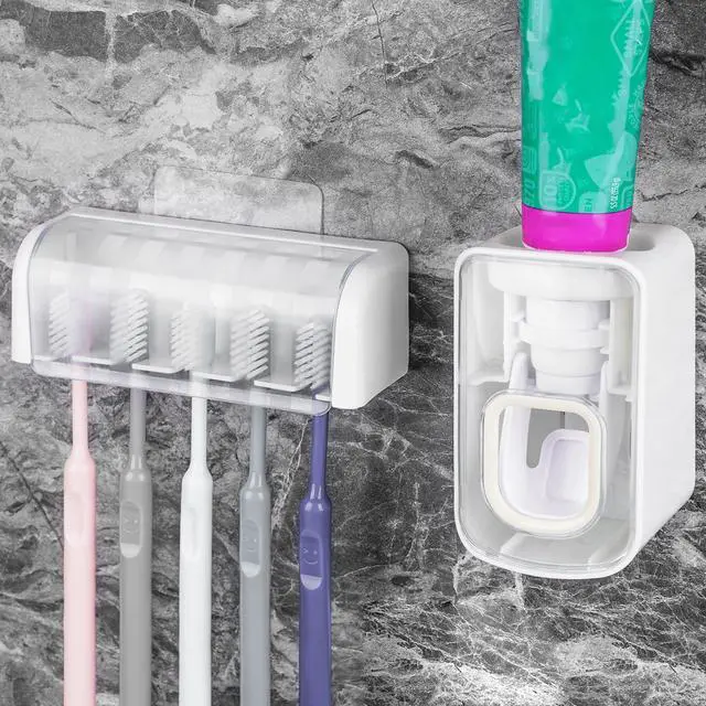 Main image of 5 Slots Wall Mount Toothbrush Holder with Cover, Self Adhesive Toothbrush Storage Organizer for Shower, Toothbrush Hanger with Automatic Toothpaste Squeezer Dispenser