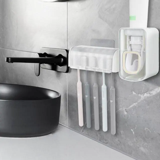 Alt view image 5 of 6 - 5 Slots Wall Mount Toothbrush Holder with Cover, Self Adhesive Toothbrush Storage Organizer for Shower, Toothbrush Hanger with Automatic Toothpaste Squeezer Dispenser