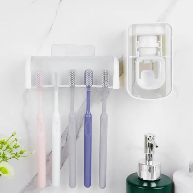 Alt view image 4 of 6 - 5 Slots Wall Mount Toothbrush Holder with Cover, Self Adhesive Toothbrush Storage Organizer for Shower, Toothbrush Hanger with Automatic Toothpaste Squeezer Dispenser