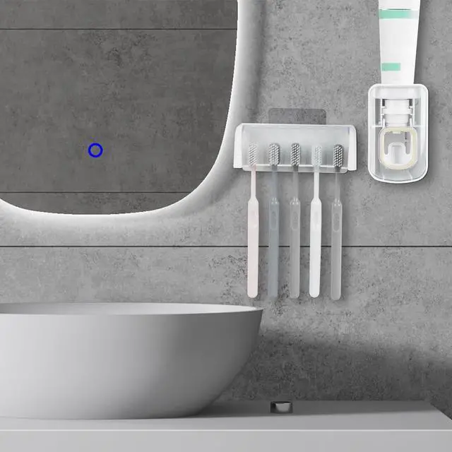 Alt view image 6 of 6 - 5 Slots Wall Mount Toothbrush Holder with Cover, Self Adhesive Toothbrush Storage Organizer for Shower, Toothbrush Hanger with Automatic Toothpaste Squeezer Dispenser