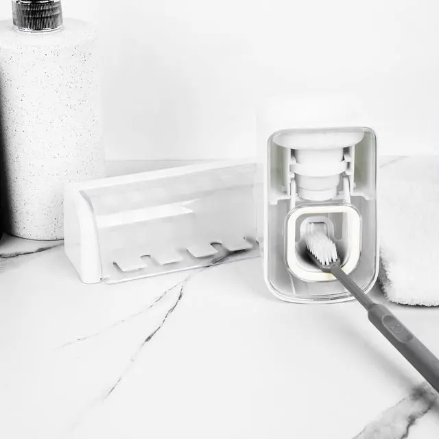 Alt view image 3 of 6 - 5 Slots Wall Mount Toothbrush Holder with Cover, Self Adhesive Toothbrush Storage Organizer for Shower, Toothbrush Hanger with Automatic Toothpaste Squeezer Dispenser
